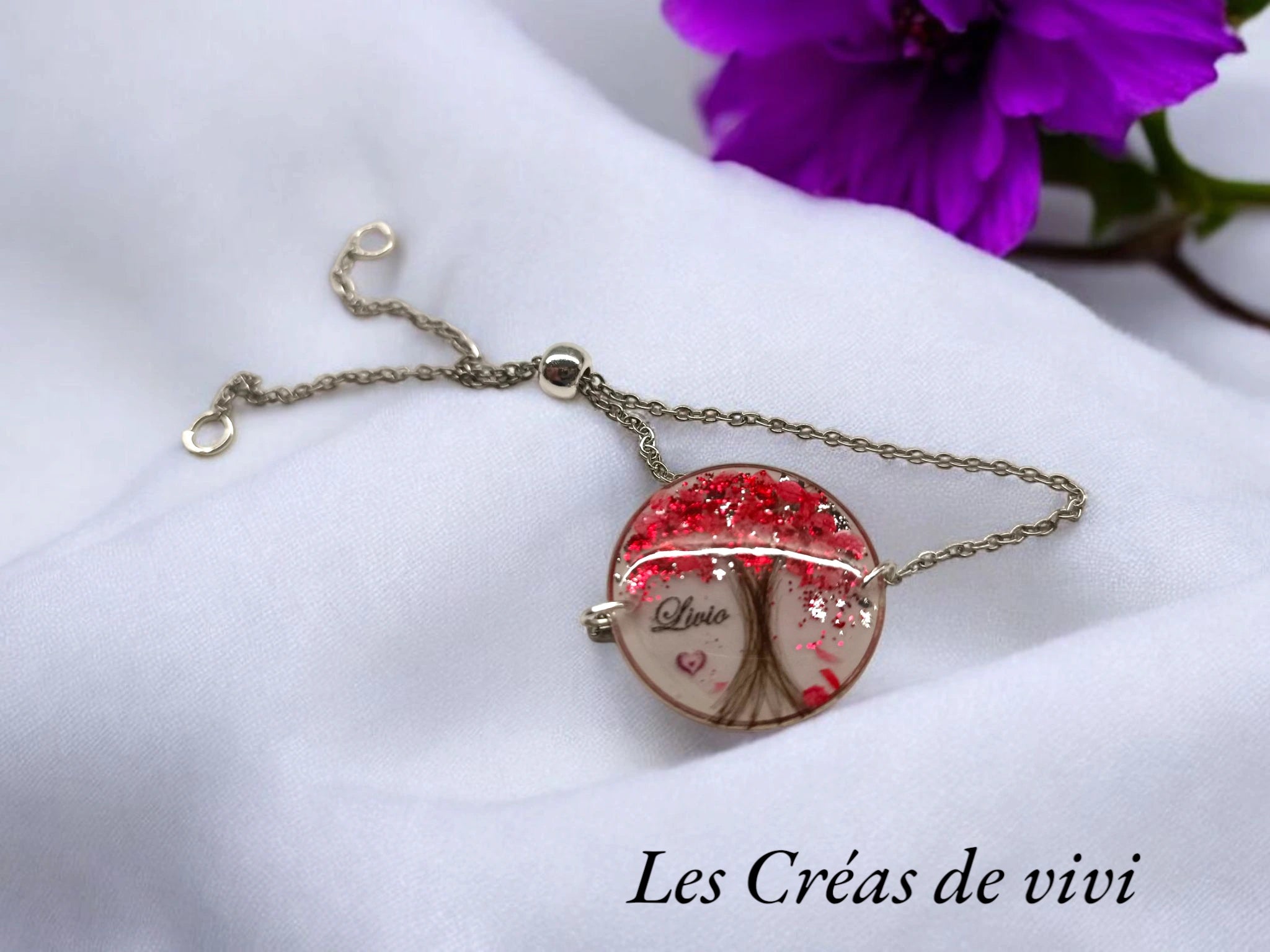 Bracelet chaîne "Arbre de Vie" personnalisé – Mèche de cheveux & fleurs