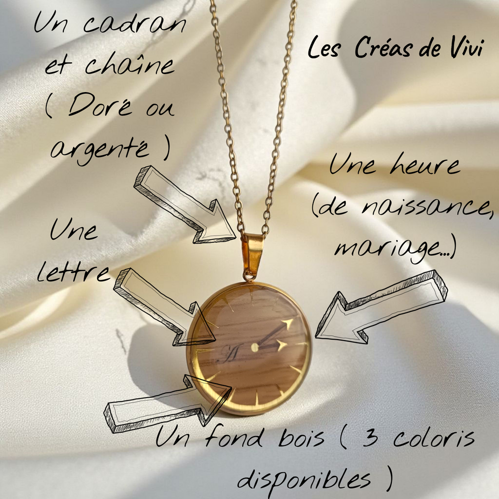 Pendentif personnalisé en acier inoxydable doré ou argenté - Aiguilles en mèche de cheveux et fond bois (3 coloris)