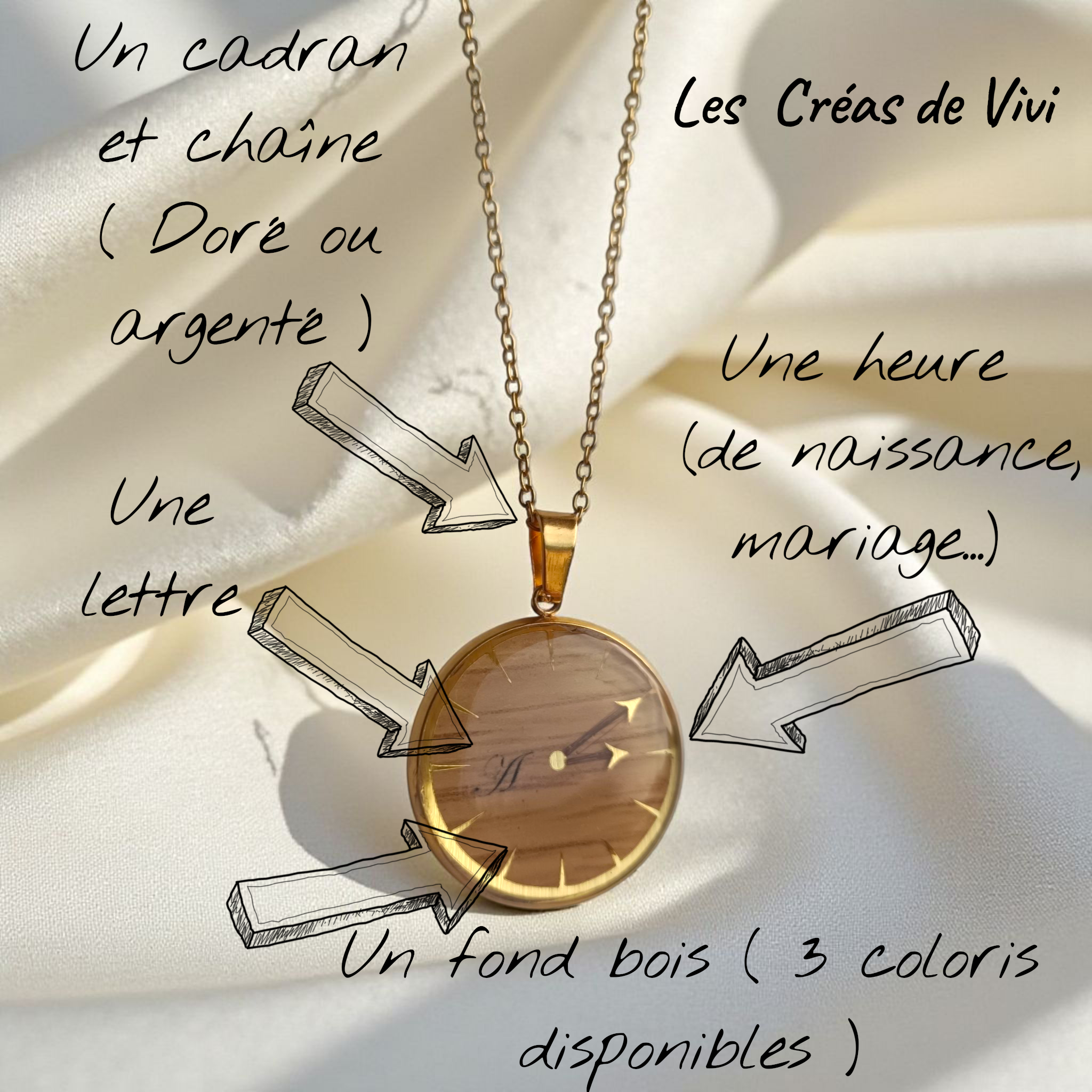Pendentif personnalisé en acier inoxydable doré ou argenté - Aiguilles en mèche de cheveux et fond bois (3 coloris)