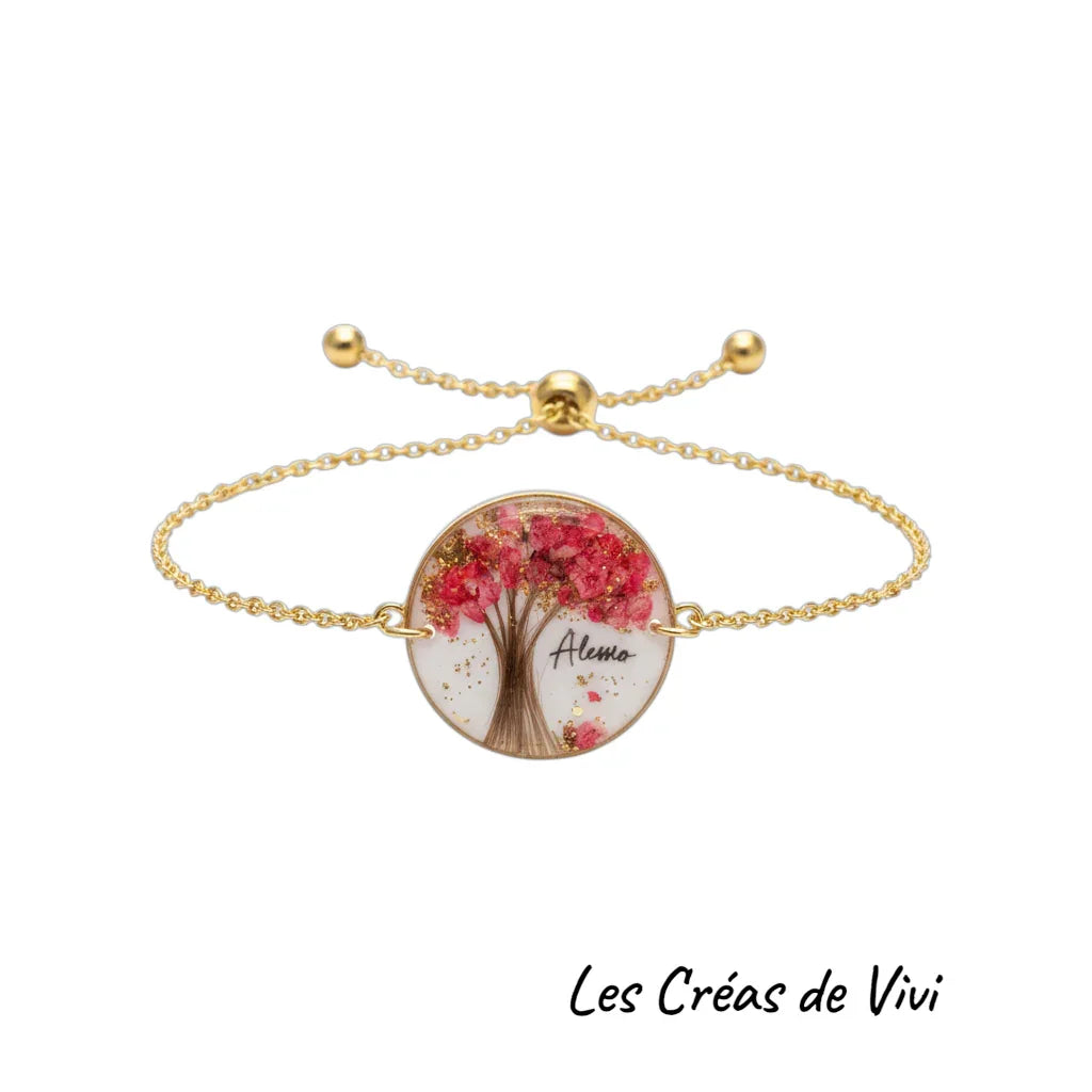 Bracelet chaîne "Arbre de Vie" personnalisé – Mèche de cheveux fleurs