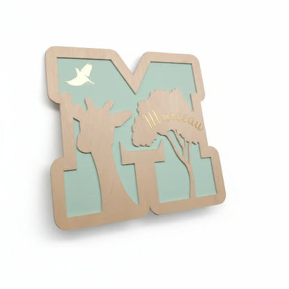 Plaque Lettre Enfant Personnalisée – Animal Jungle au Choix – Prénom en Vinyle Doré – Décoration Chambre Bébé – 19×19 cm
