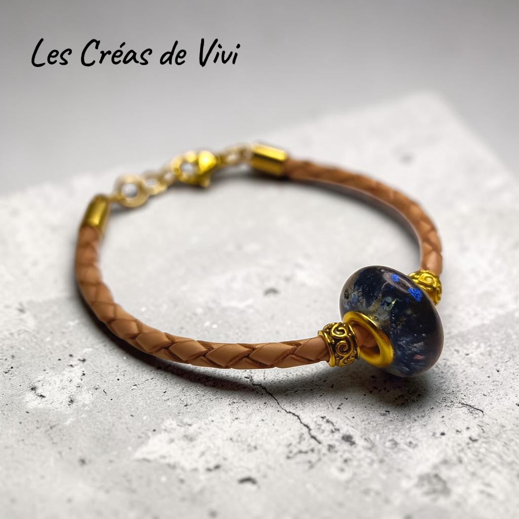 Bracelet en cuir avec perle en résine personnalisée – Mèche de cheveux intégrée