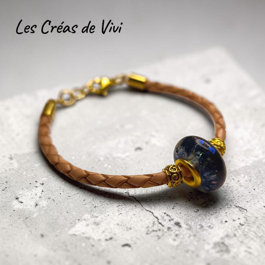 Bracelet en cuir avec perle en résine personnalisée – Mèche de cheveux intégrée