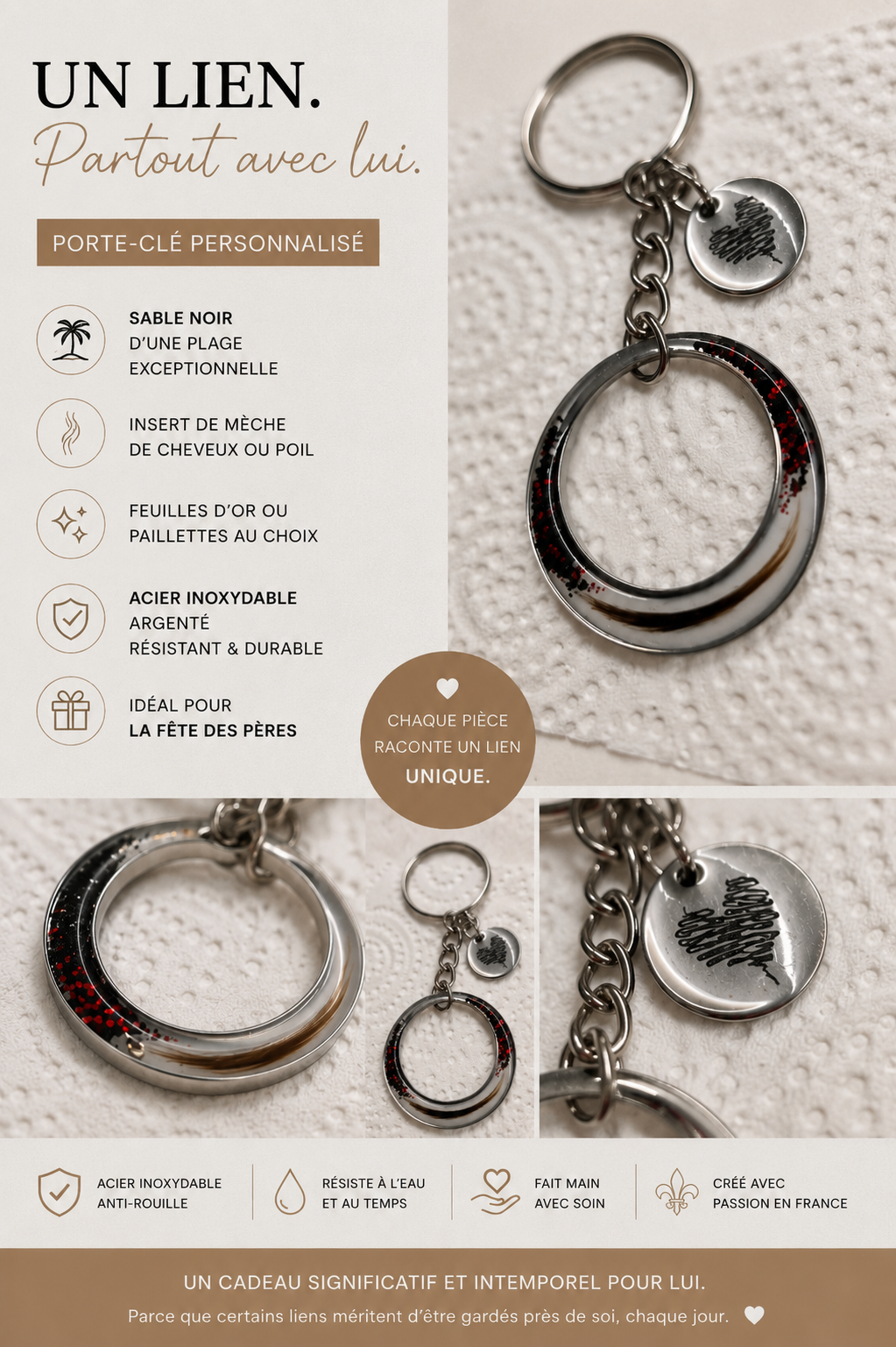 Porte-clé souvenir personnalisé en acier inoxydable – Mèche de cheveux ou poil d’animal