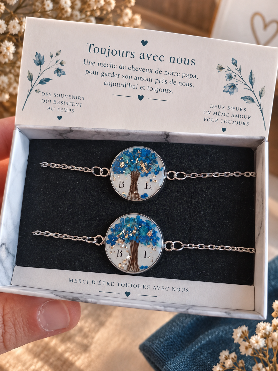 Bracelet chaîne "Arbre de Vie" personnalisé – Mèche de cheveux fleurs